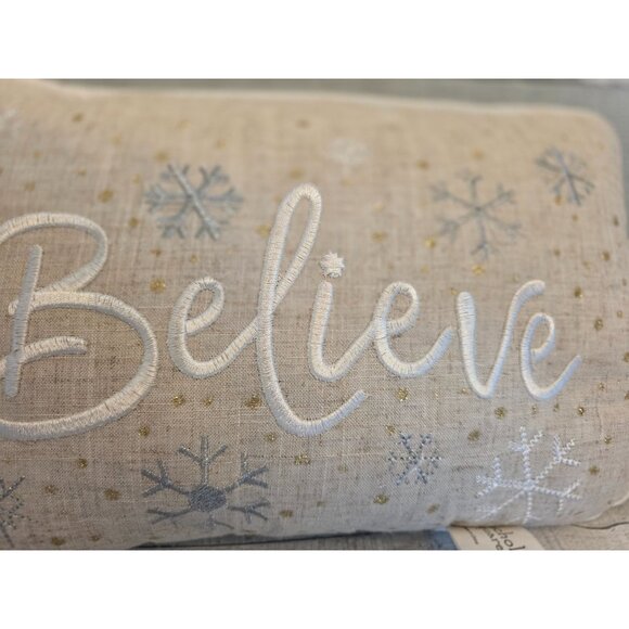 St. Nicholas Square Believe Decorative Pillow Beige Snowflakes Gold Dots 12"x8" - Picture 3 of 7